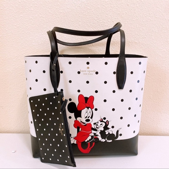 KATE SPADE X DISNEY MINNIE MOUSE & FIGARO WHITE POLKA DOT LEATHER TOTE HANDBAG - Picture 1 of 5